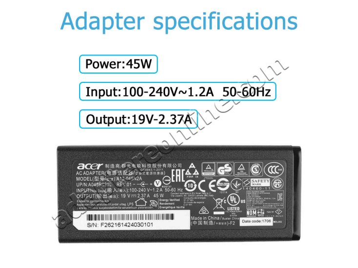 45W AC Adapter Oplader Acer Aspire 5 A515-44-R0BR - Klik på billedet for at lukke