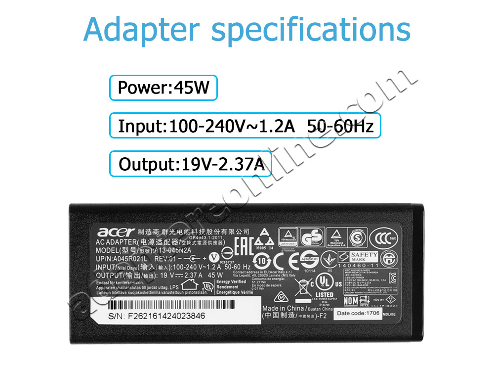 45W Delta Acer ADP-45FE F ADP-45HE D AC Adapter Oplader