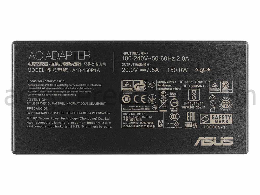 20V 7.5A 150W AC Adapter Oplader Asus ROG G501JW + Ladekabel