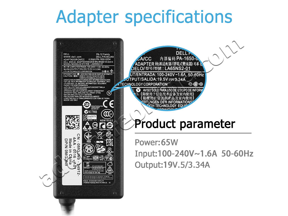 65W Dell 5NW44 74VT4 332-0971 05NW44 074VT4 AC Adapter Oplader