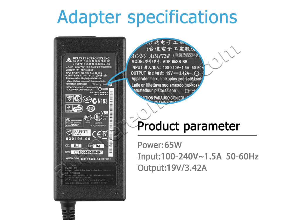 65W Schenker Xirios B401 B501 D301 D501 D502 AC Adapter Oplader